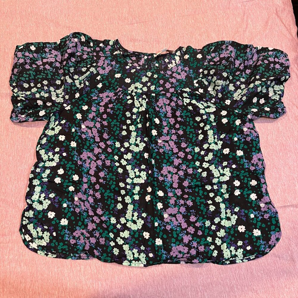 LOFT Floral Print Puff Sleeve Shirred Yoke Top L Multi Green Pink Purple White